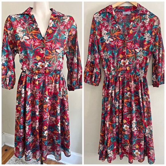 Vintage Dresses & Skirts - Vintage 1970s Samuel Blue Tropical Floral Midi Dress Dagger Collar